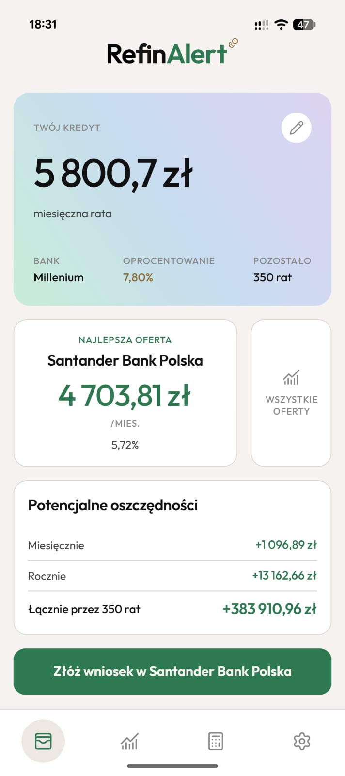 Ekran główny aplikacji RefinAlert